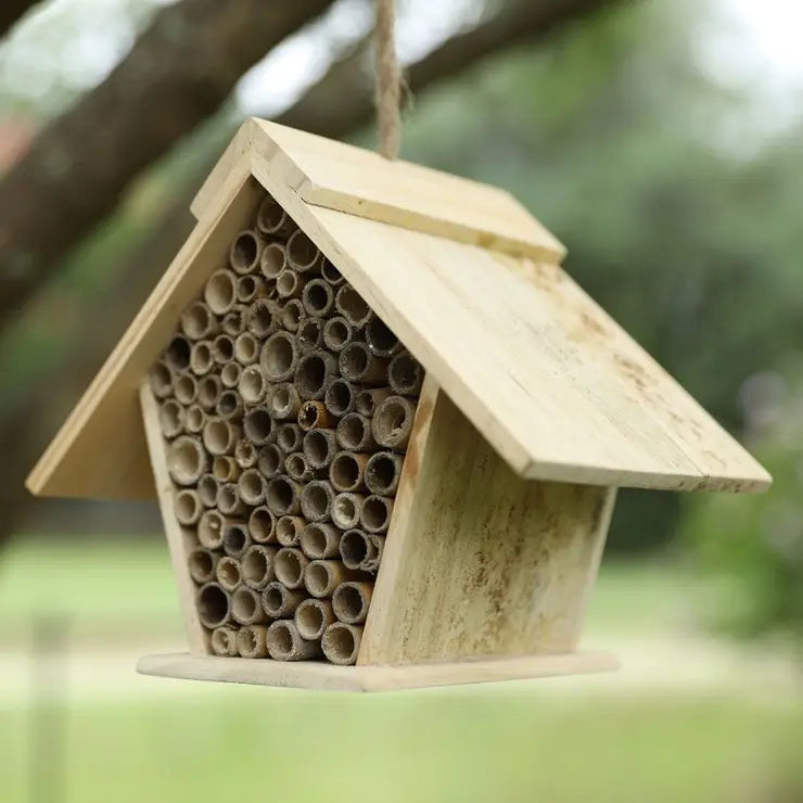 outside view of A-Frame Mason Bee Nesting House www.wingandhive.com