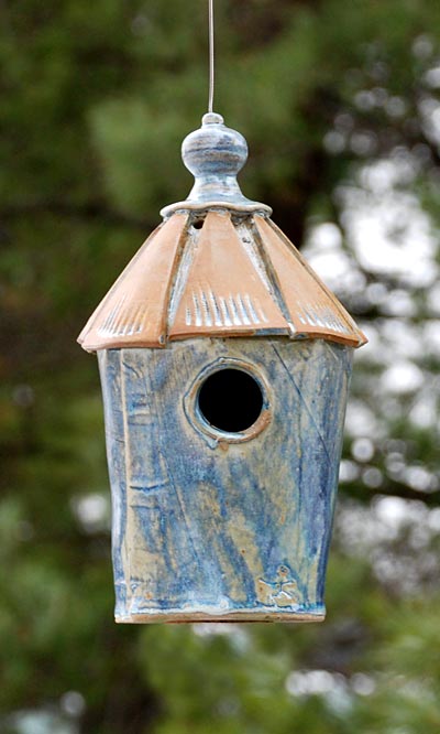 Birdhouse - Ceramic 10" high, Blue www.wingandhive.com