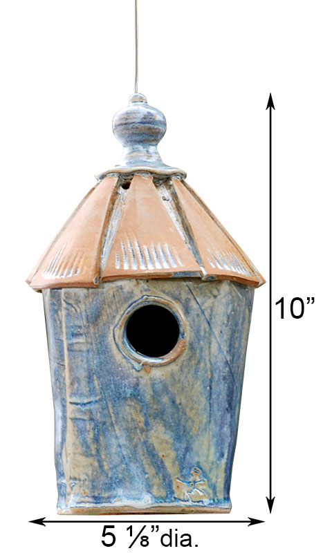 measurements of Birdhouse - Ceramic 10" high, Blue www.wingandhive.com