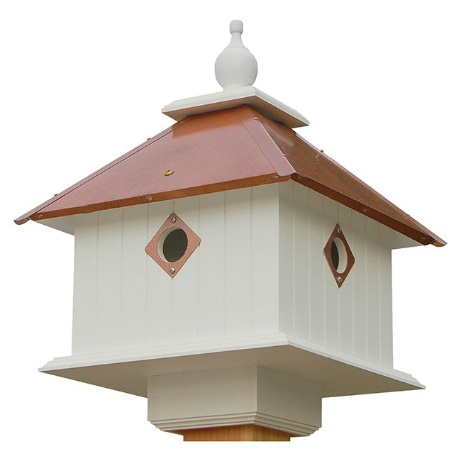 white background view of Birdhouse, Hammered Copper Roof, Carriage Style www.wingandhive.com
